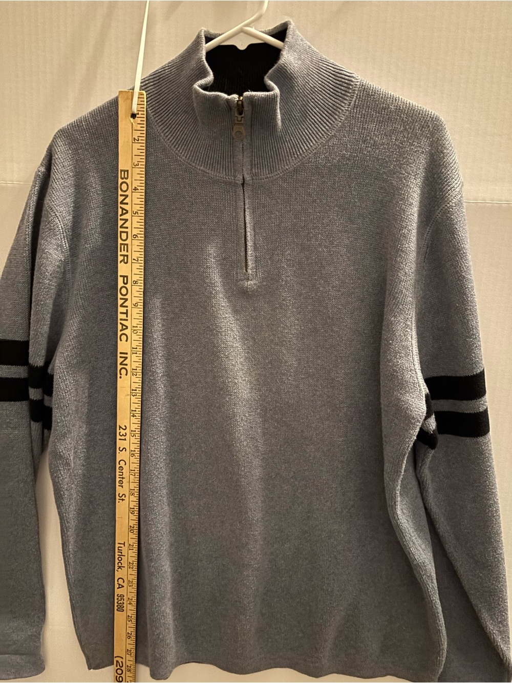 GAP Men's Slate Gray Half-Zip Sweater with Navy blue Sleeve Stripes - Picture 6 of 8